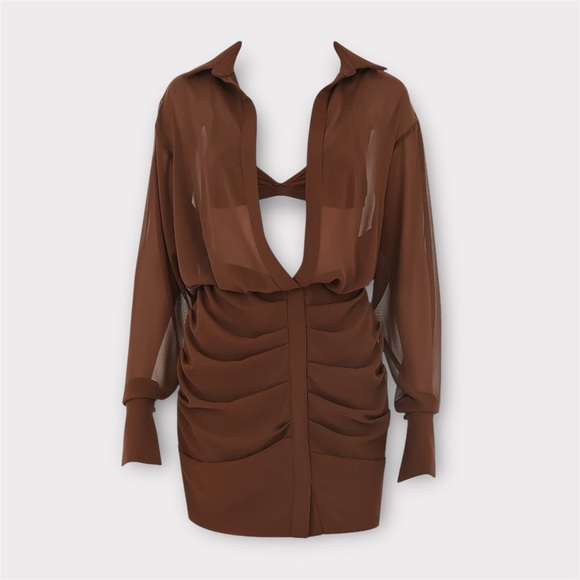 HOUSE of CB Small NWT CLEO Chocolate Chiffon Shirt Dress - Picture 2 of 16